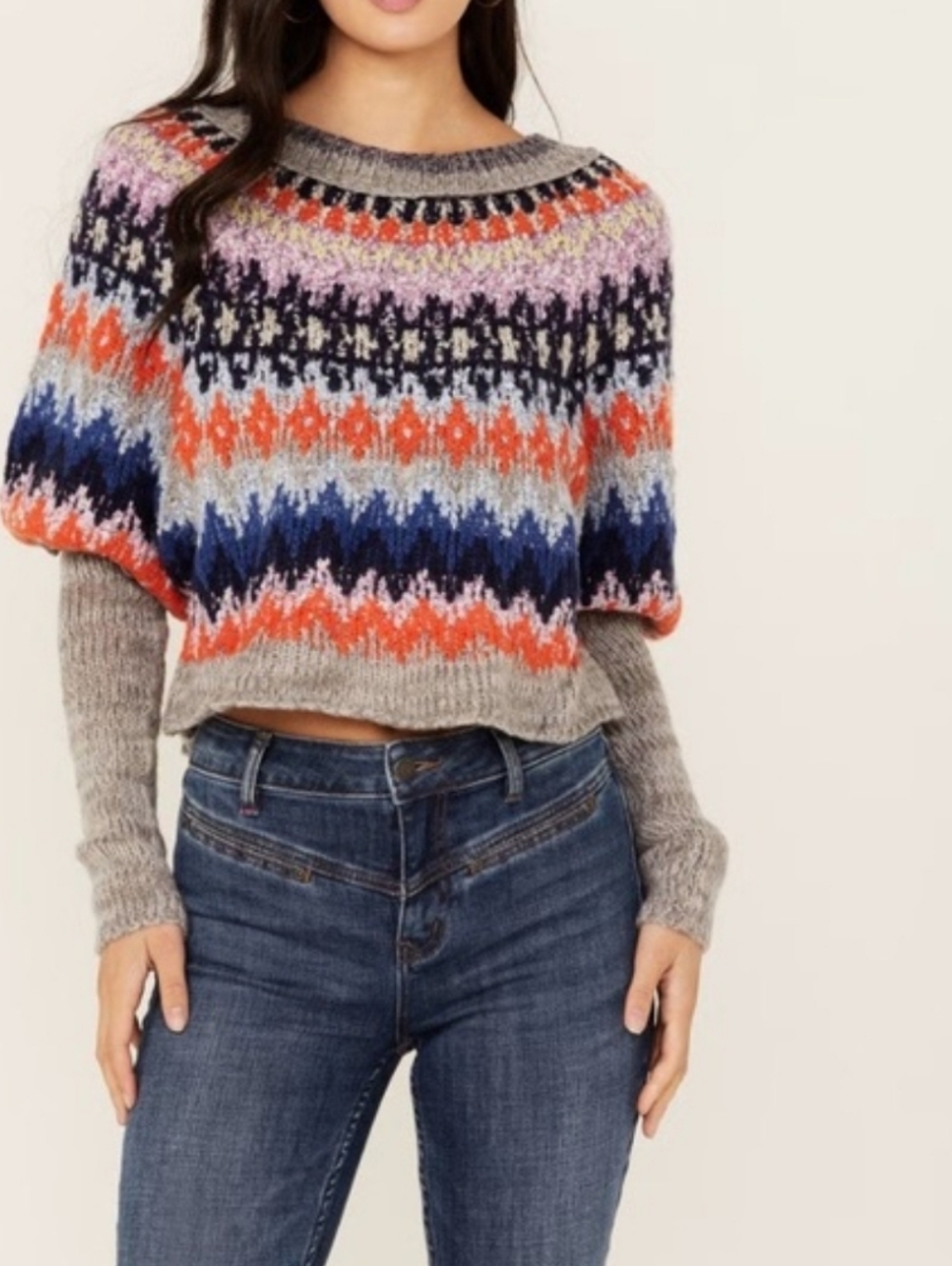 Free People Women's Home For The Holidays  Fair Isle Cropped Crew Sweater Small